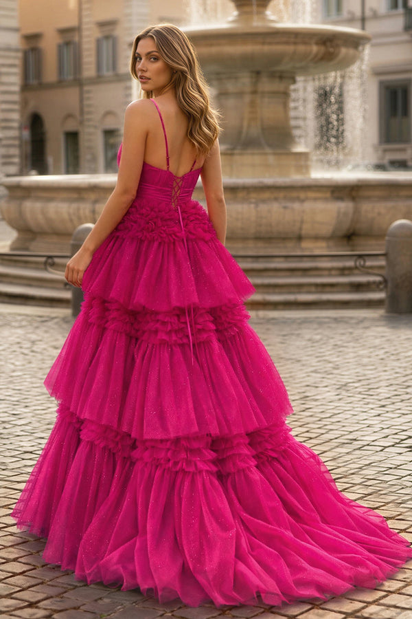 A-Line Spaghetti Straps Long Tiered Tulle Prom Dress With Split - KISSPROM PROM DRESSES