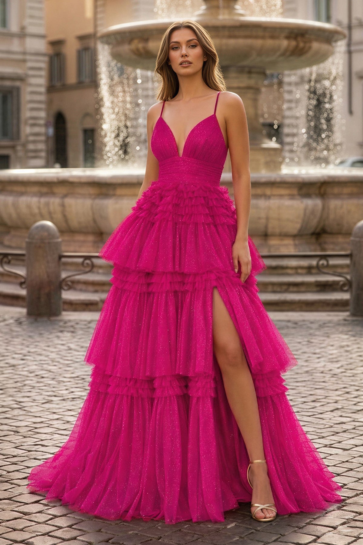 A-Line Spaghetti Straps Long Tiered Tulle Prom Dress With Split