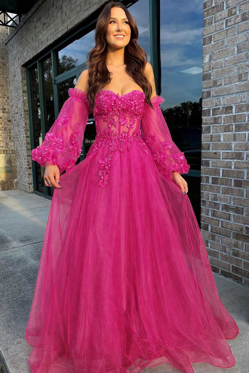 Pink Tulle Strapless A-Line Prom Dress with Balloon Sleeves Pink Tulle Strapless A-Line Prom Dress with Balloon Sleeves