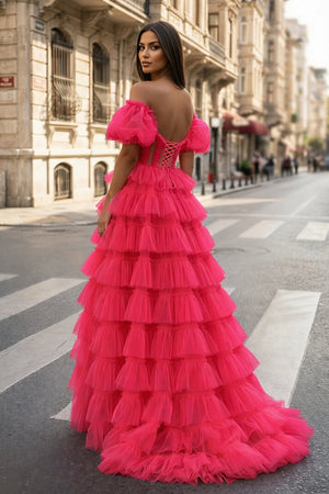 A-line Off-the-Shoulder Tulle Prom Dress with Slit - KISSPROM PROM DRESSES