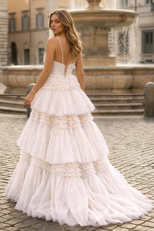 A-Line Spaghetti Straps Long Tiered Tulle Prom Dress With Split - KISSPROM PROM DRESSES