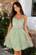 Spaghetti Straps Tulle Lace Appliques Short Prom Dresses With Bow - KissProm