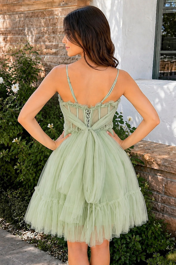 Spaghetti Straps Tulle Lace Appliques Short Prom Dresses With Bow - KissProm