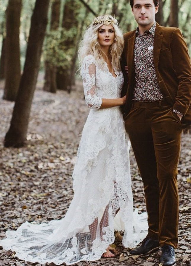 Tulle A - Line Lace Appliques 3/4 - Sleeve V - Neck Romantic Bridal Wedding Gowns - KissProm