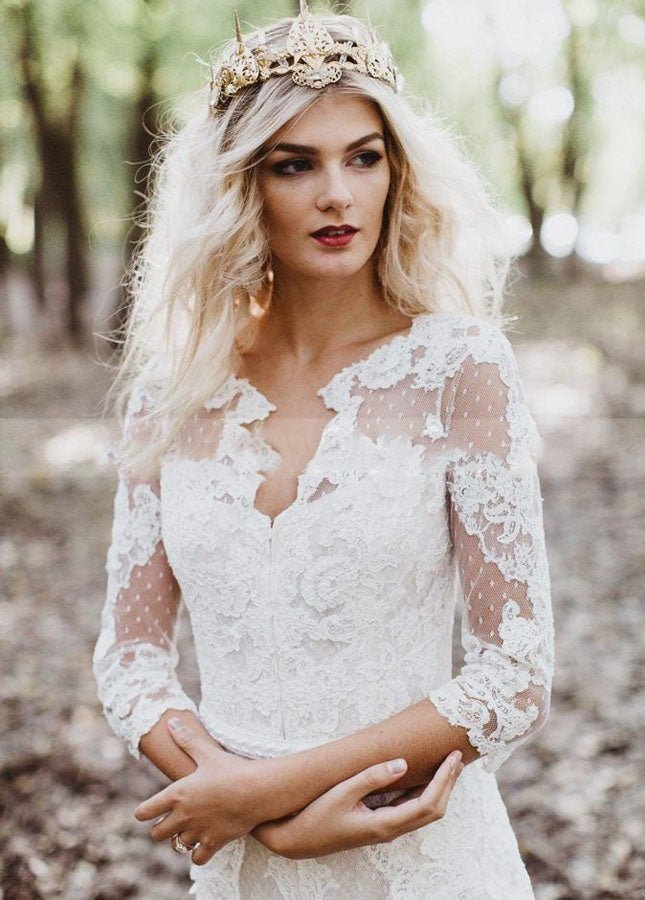 Tulle A - Line Lace Appliques 3/4 - Sleeve V - Neck Romantic Bridal Wedding Gowns - KissProm