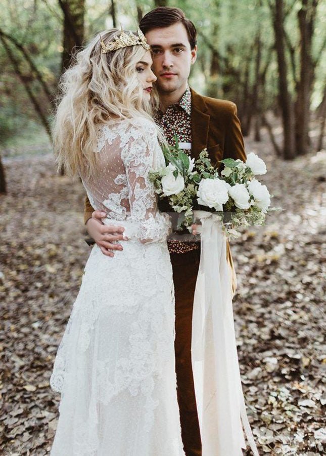 Tulle A - Line Lace Appliques 3/4 - Sleeve V - Neck Romantic Bridal Wedding Gowns - KissProm