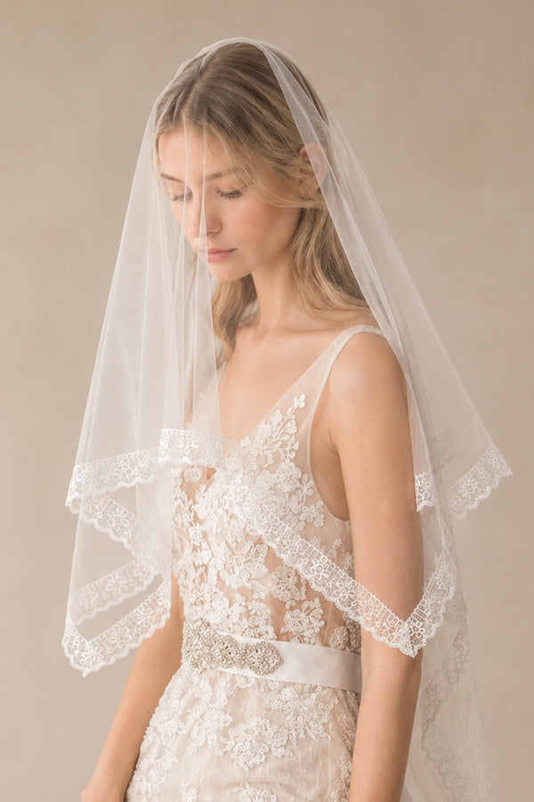 Tulle Lace Hemline Wedding Veils in Ivory - KissProm Wedding Veils