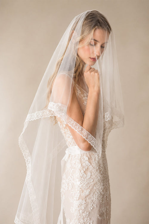 Tulle Lace Hemline Wedding Veils in Ivory - KissProm Wedding Veils