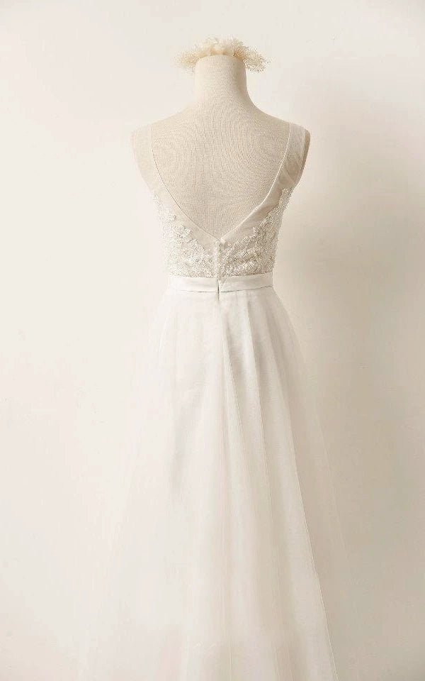 A - Line Tulle Lace V Neck Wedding Dress With Sweep Train - KissProm