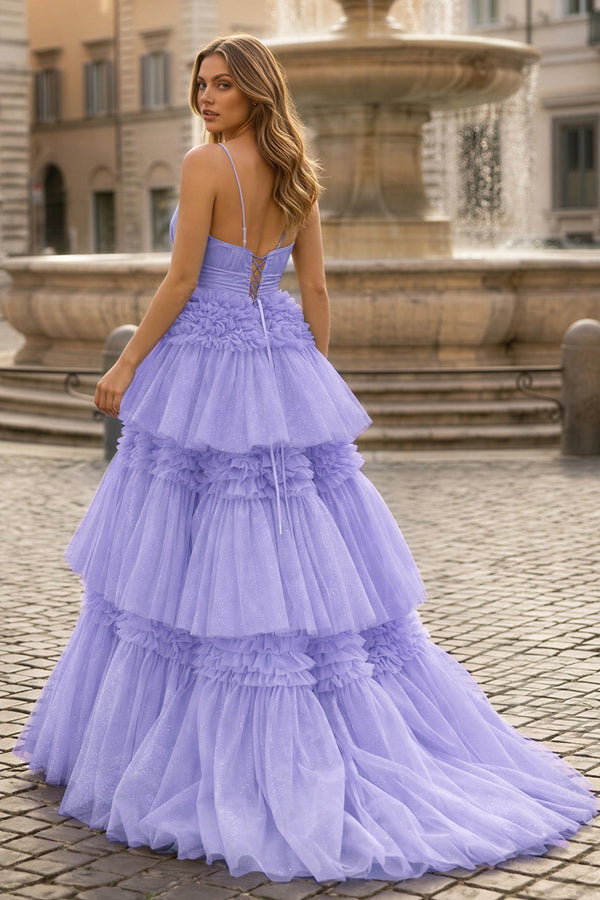 A-Line Spaghetti Straps Long Tiered Tulle Prom Dress With Split - KISSPROM PROM DRESSES