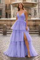 A-Line Spaghetti Straps Long Tiered Tulle Prom Dress With Split - KISSPROM PROM DRESSES
