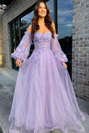 Pink Tulle Strapless A - Line Prom Dress with Balloon Sleeves - KissProm