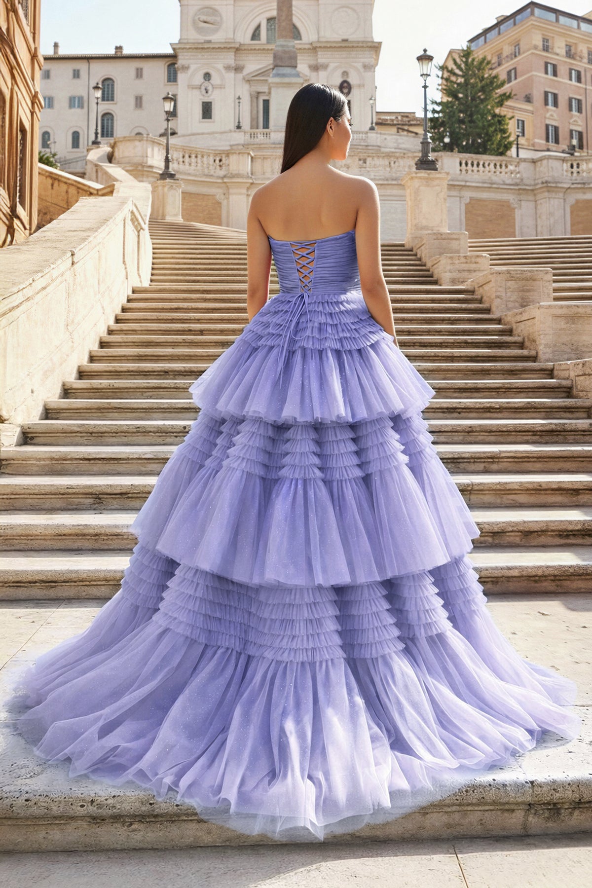 KissProm A-Line Strapless Tulle Long Prom Dress with Tiered Ruffles, Lilac / 12