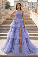 A-Line Strapless Tulle Long Prom Dress with Tiered Ruffles - KISSPROM PROM DRESSES