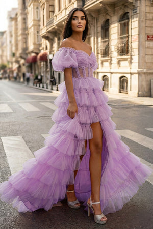A-line Off-the-Shoulder Tulle Prom Dress with Slit - KISSPROM PROM DRESSES