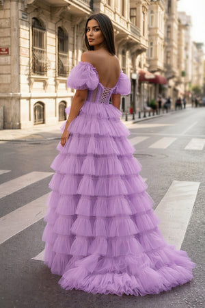 A-line Off-the-Shoulder Tulle Prom Dress with Slit - KISSPROM PROM DRESSES