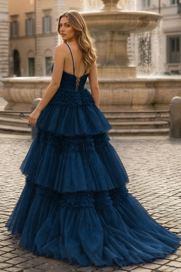 A-Line Spaghetti Straps Long Tiered Tulle Prom Dress With Split - KISSPROM PROM DRESSES