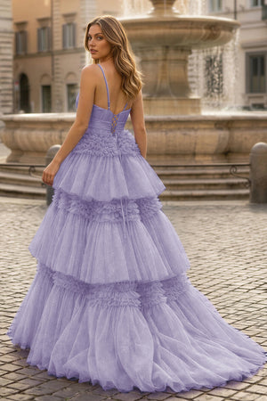 A-Line Spaghetti Straps Long Tiered Tulle Prom Dress With Split - KISSPROM PROM DRESSES