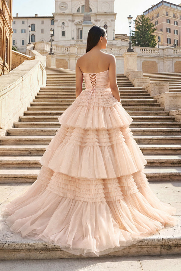 A-Line Strapless Tulle Long Prom Dress with Tiered Ruffles - KISSPROM PROM DRESSES