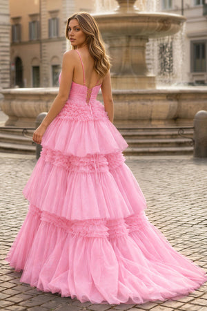 A-Line Spaghetti Straps Long Tiered Tulle Prom Dress With Split - KISSPROM PROM DRESSES