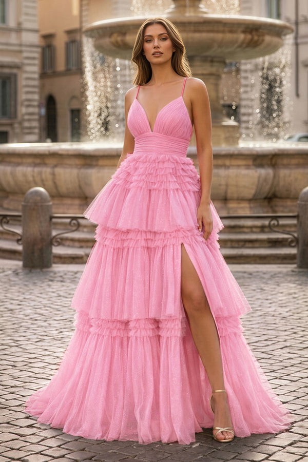 A-Line Spaghetti Straps Long Tiered Tulle Prom Dress With Split - KISSPROM PROM DRESSES