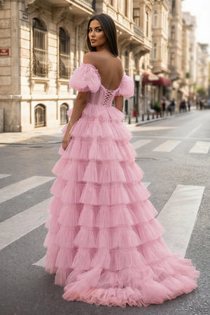 A-line Off-the-Shoulder Tulle Prom Dress with Slit - KISSPROM PROM DRESSES