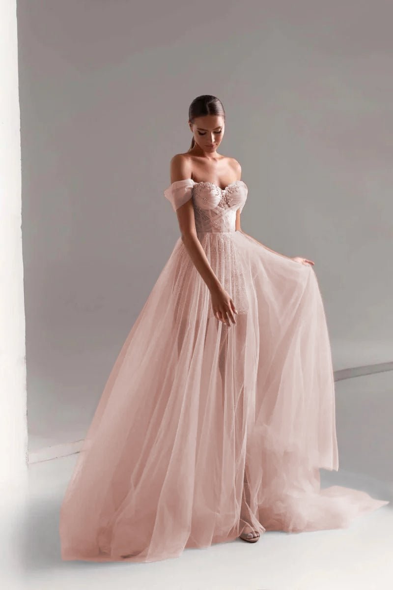 KissProm Tulle Prom Dress A-Line Long Shining Beads Prom Gown, Blue / 0