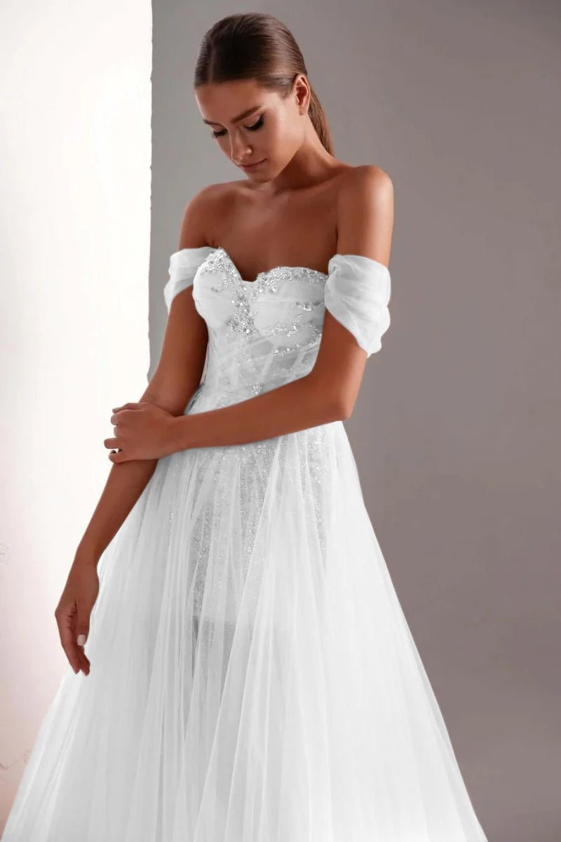 shoulder beads for wedding dress Tulle Prom Dress A-Line Long Shining Beads Prom Gown