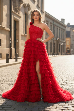 A Line One Shoulder Tiered Long Prom Dress - KISSPROM PROM DRESSES