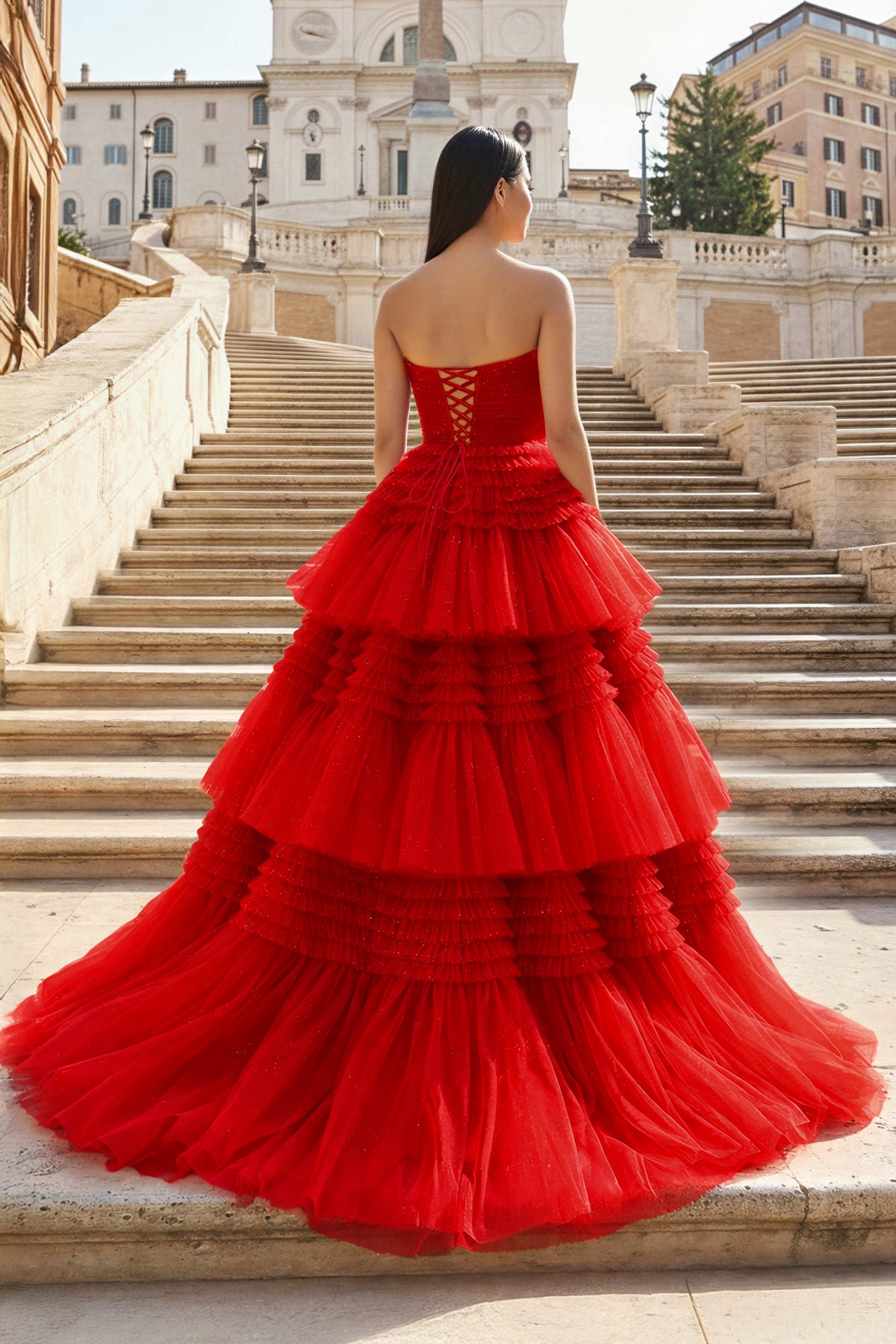 KissProm A-Line Strapless Tulle Long Prom Dress with Tiered Ruffles, Red / 12