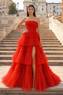 A-Line Strapless Tulle Long Prom Dress with Tiered Ruffles - KISSPROM PROM DRESSES