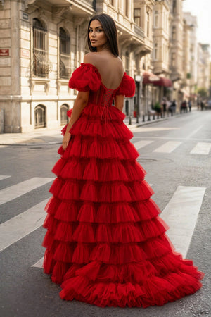 A-line Off-the-Shoulder Tulle Prom Dress with Slit - KISSPROM PROM DRESSES