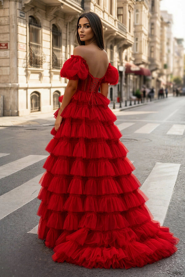 A-line Off-the-Shoulder Tulle Prom Dress with Slit - KISSPROM PROM DRESSES