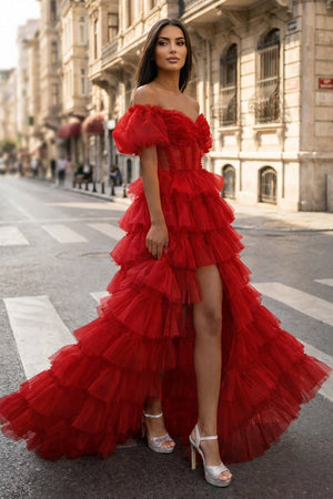 A-line Off-the-Shoulder Tulle Prom Dress with Slit - KISSPROM PROM DRESSES