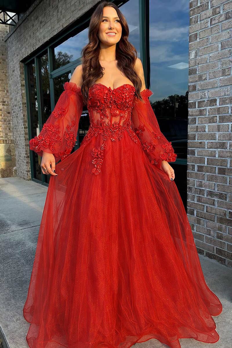 Pink Tulle Strapless A-Line Prom Dress with Balloon Sleeves
