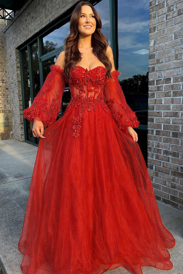 Pink Tulle Strapless A - Line Prom Dress with Balloon Sleeves - KissProm