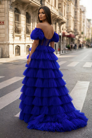 A-line Off-the-Shoulder Tulle Prom Dress with Slit - KISSPROM PROM DRESSES