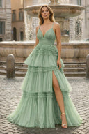 A-Line Spaghetti Straps Long Tiered Tulle Prom Dress With Split - KISSPROM PROM DRESSES