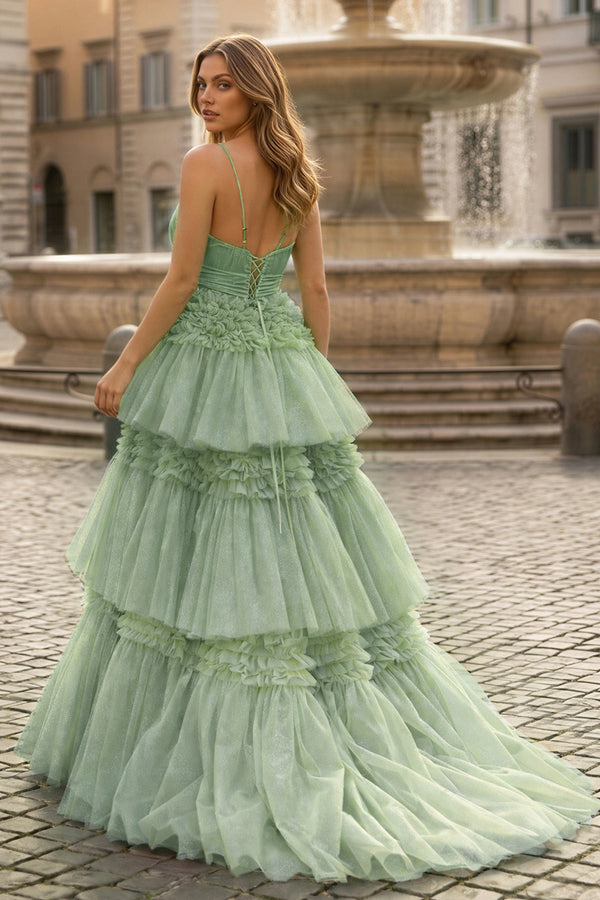 A-Line Spaghetti Straps Long Tiered Tulle Prom Dress With Split - KISSPROM PROM DRESSES