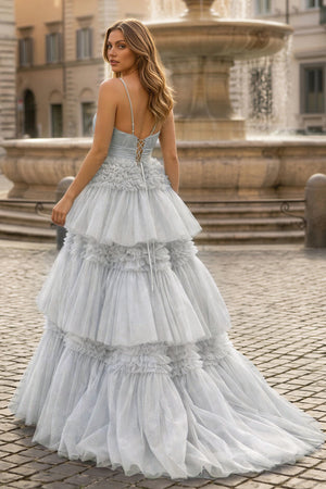 A-Line Spaghetti Straps Long Tiered Tulle Prom Dress With Split - KISSPROM PROM DRESSES