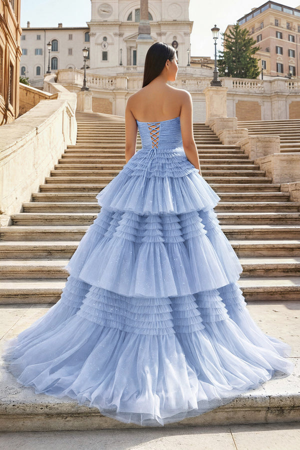 KissProm A-Line Strapless Tulle Long Prom Dress with Tiered Ruffles, Sky Blue / 4