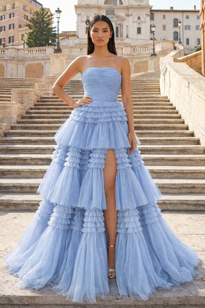 A-Line Strapless Tulle Long Prom Dress with Tiered Ruffles - KISSPROM PROM DRESSES