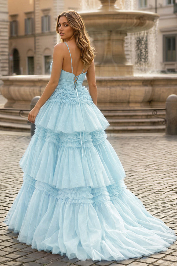 A-Line Spaghetti Straps Long Tiered Tulle Prom Dress With Split - KISSPROM PROM DRESSES