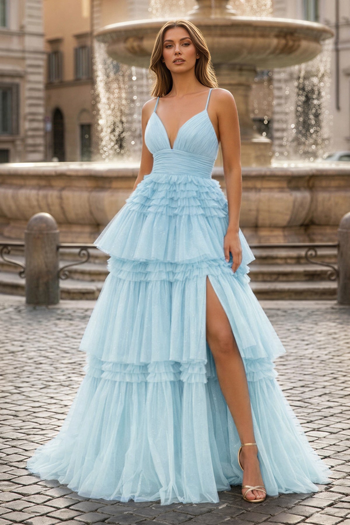 KissProm A-Line Spaghetti Straps Long Tiered Tulle Prom Dress With Split, Red / 14