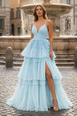 A-Line Spaghetti Straps Long Tiered Tulle Prom Dress With Split - KISSPROM PROM DRESSES