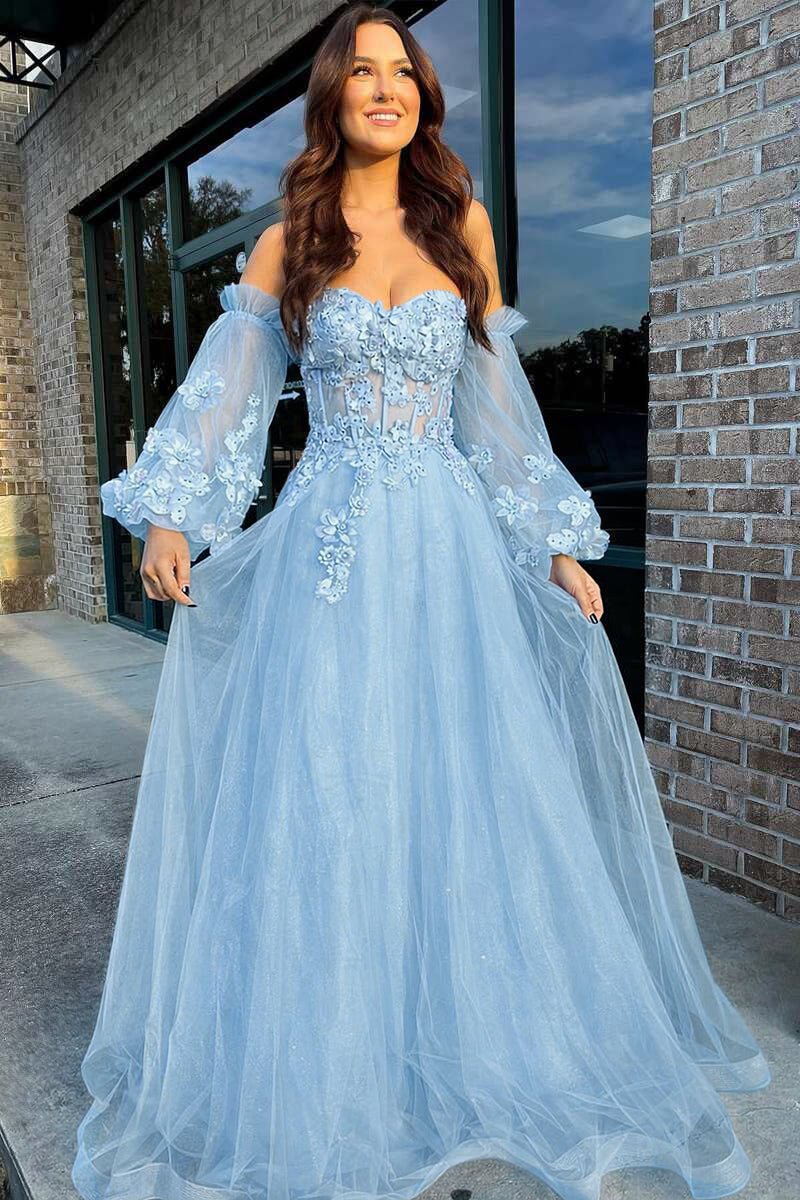 Pink Tulle Strapless A-Line Prom Dress with Balloon Sleeves Sky Blue / 16 Pink Tulle Strapless A-Line Prom Dress with Balloon Sleeves Sky Blue / 16