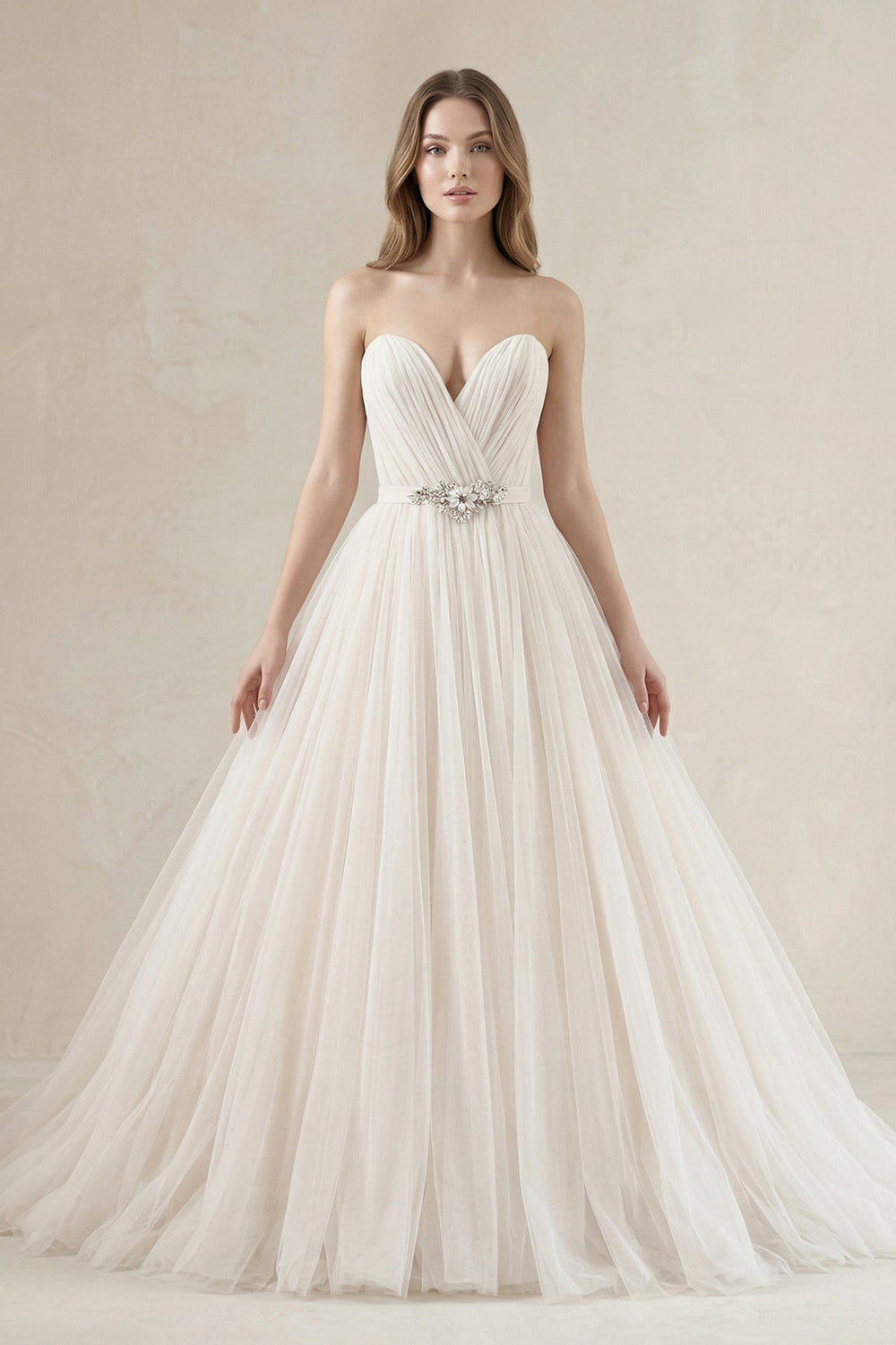 Tulle Sweetheart A - Line Pleated Wedding Gown in Ivory - KissProm Wedding Dresses