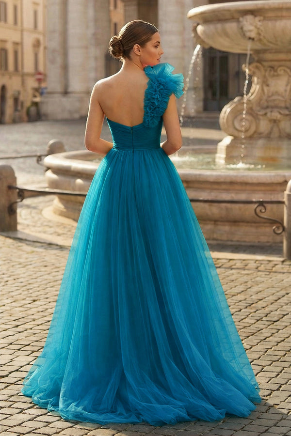 A-Line One Shoulder Long Tulle Prom Dress with Ruffles - KISSPROM PROM DRESSES