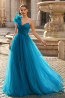 A-Line One Shoulder Long Tulle Prom Dress with Ruffles - KISSPROM PROM DRESSES