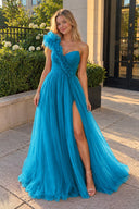 Teal A-Line One Shoulder Long Tulle Prom Dress with Ruffles - KISSPROM PROM DRESSES